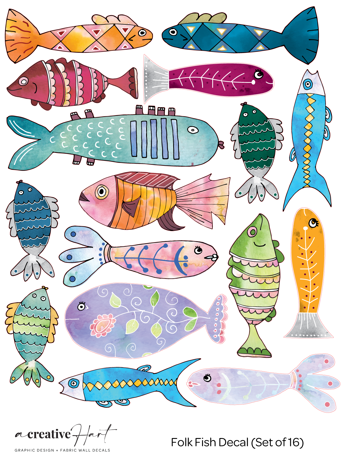 Folk Fish Decals ( Set of 16 ) - A Creative Hart