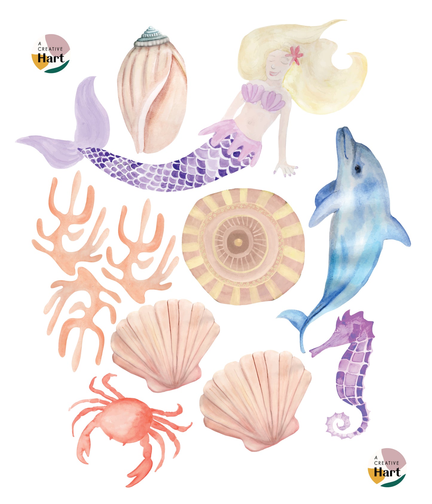 Sea Animals, Mermaid and Shells, Under the Sea, Fabric Wall Stickers - A Creative Hart