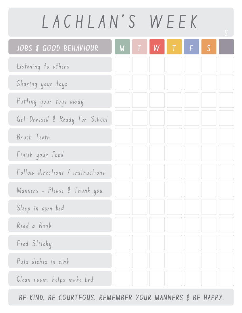 Personalised Weekly Reward Chart - A Creative Hart