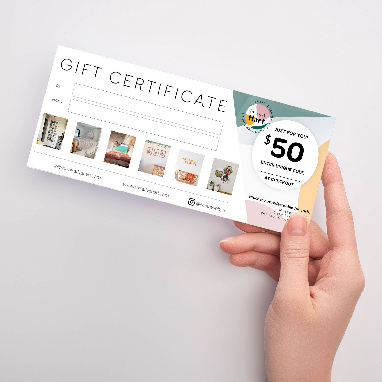 Gift certificate from A Creative Hart, featuring a $50 entry code for checkout. Give the gift of Wall Decals or Photo Decals!