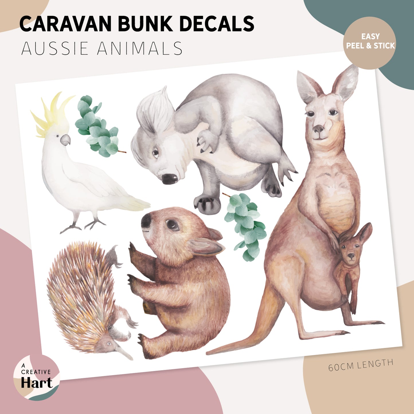 Australian Animal Wall Stickers and Eucalyptus Wall Border - Caravan Bunk Decals for Kids