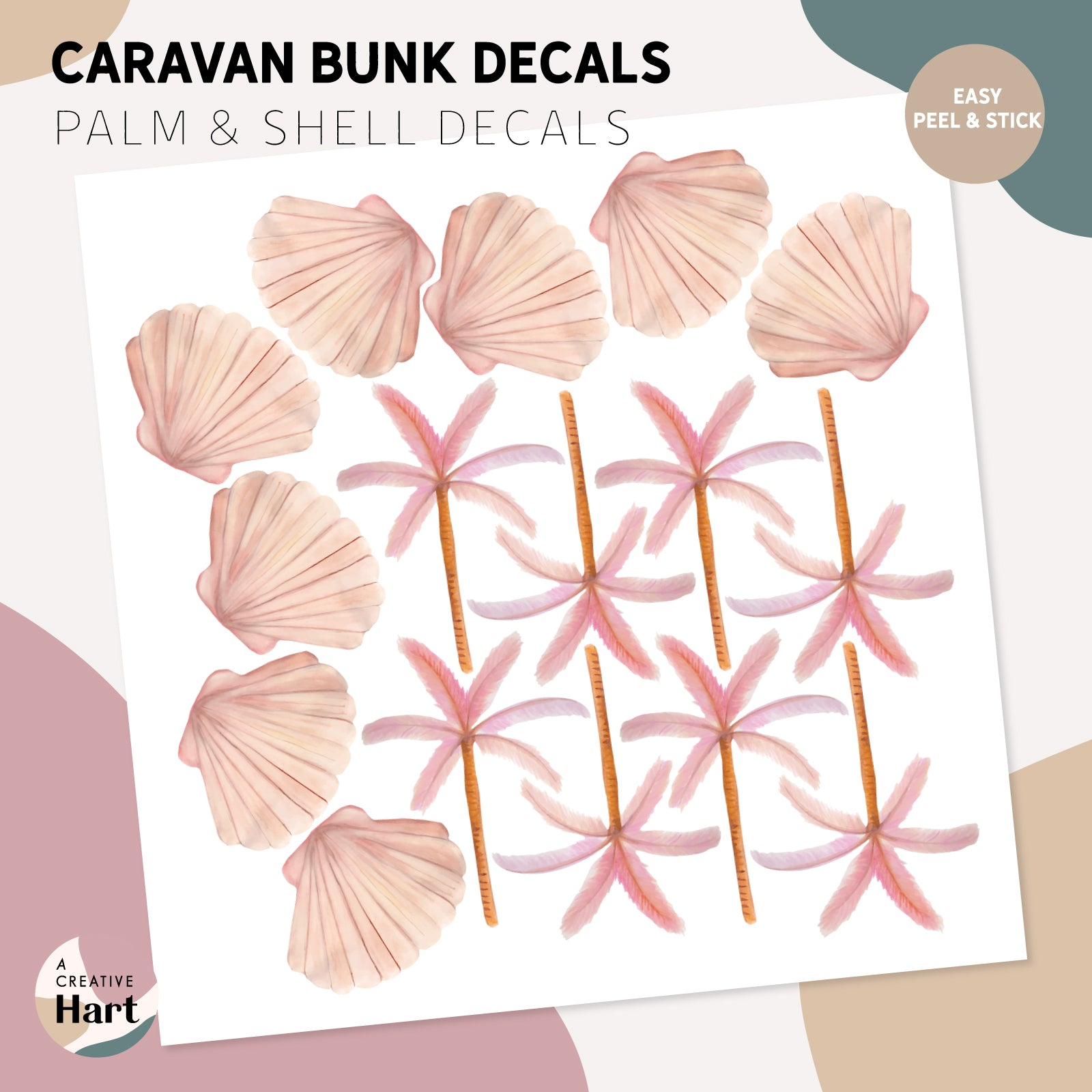 Pink Palm Trees and Scallop Shell Set - Caravan Bunk Decals