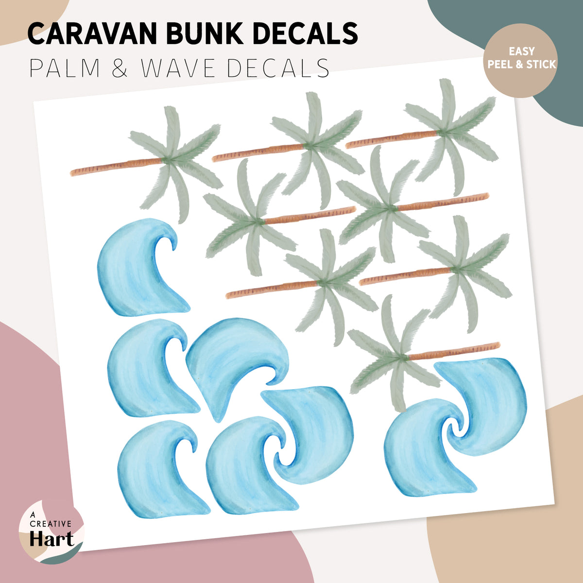 Green Palm Trees and Ocean Wave Set - Caravan Bunk Decals