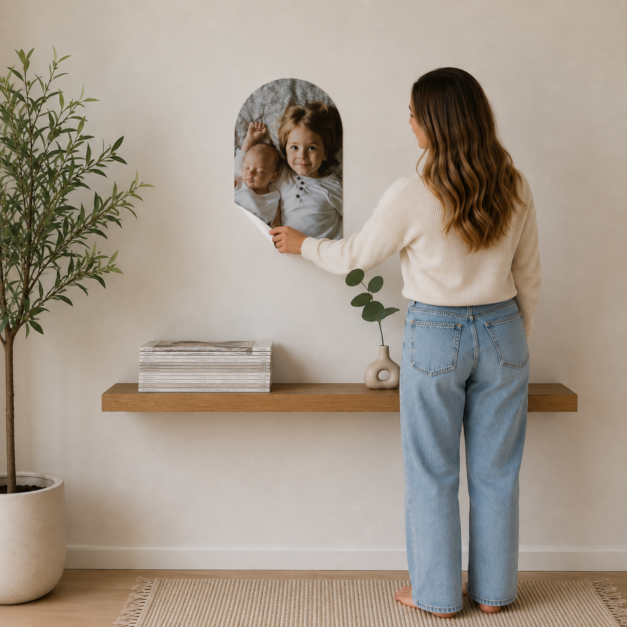 A custom sticker shaped like an Arch photo on wall above a wooden shelf.