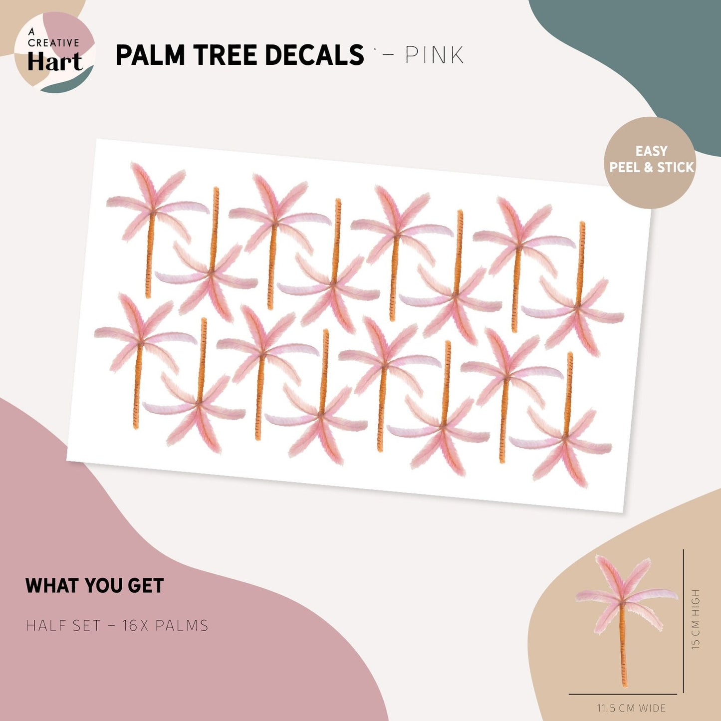 Pink Palm Tree Wall Decal Sheet. Easy Apply, Peel and Stick Fabric Wall Decals