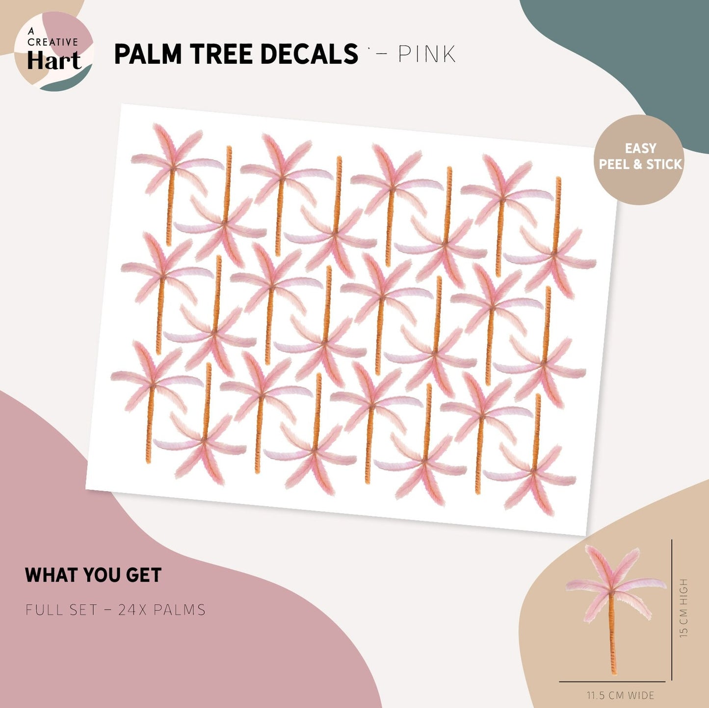 Pink Palm Tree Wall Decal Sheet. Easy Apply, Peel and Stick Fabric Wall Decals