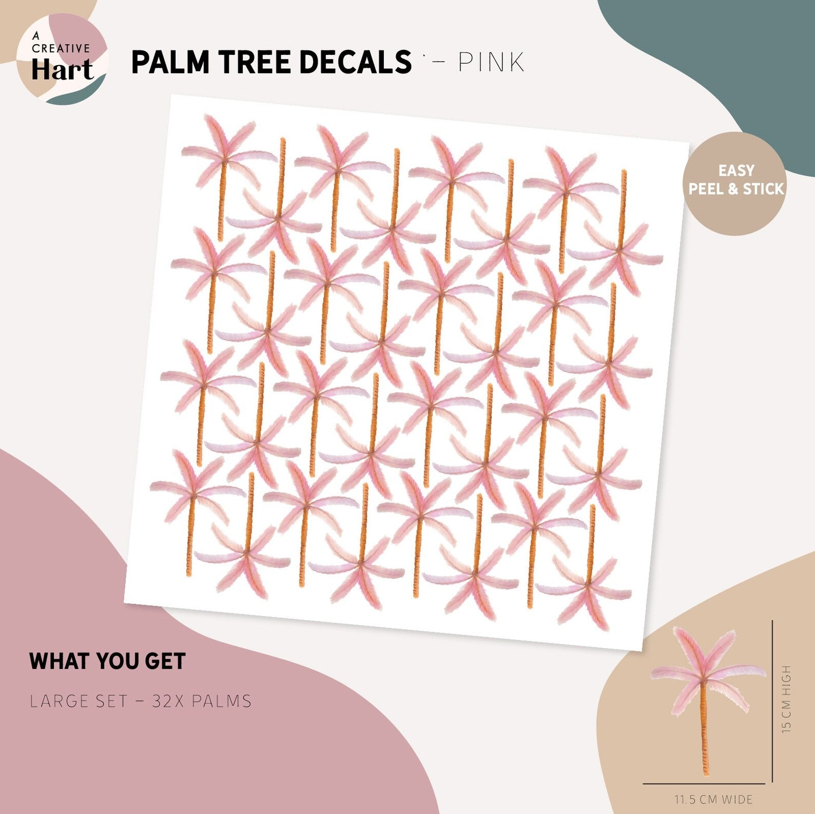 Pink Palm Tree Wall Decal Sheet. Easy Apply, Peel and Stick Fabric Wall Decals