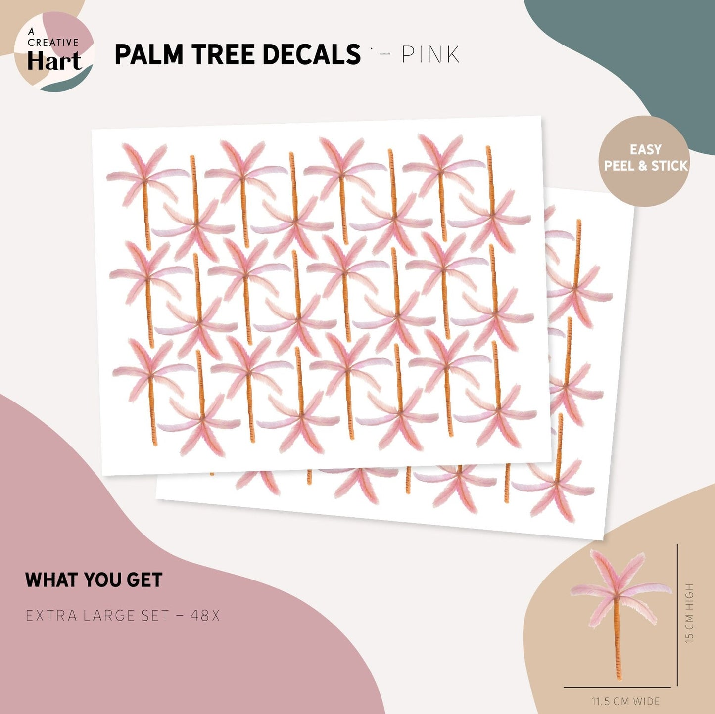 Pink Palm Tree Wall Decal Sheet. Easy Apply, Peel and Stick Fabric Wall Decals