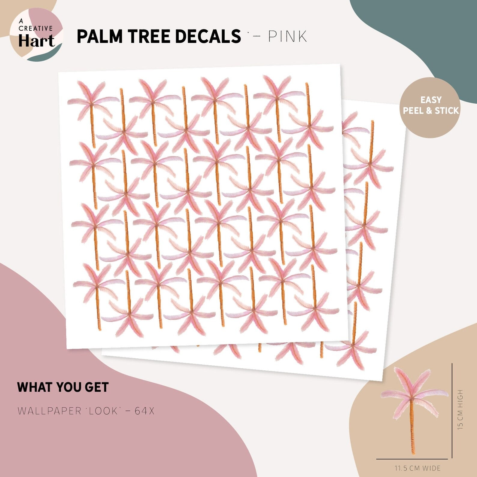 Pink Palm Tree Wall Decal Sheet. Easy Apply, Peel and Stick Fabric Wall Decals