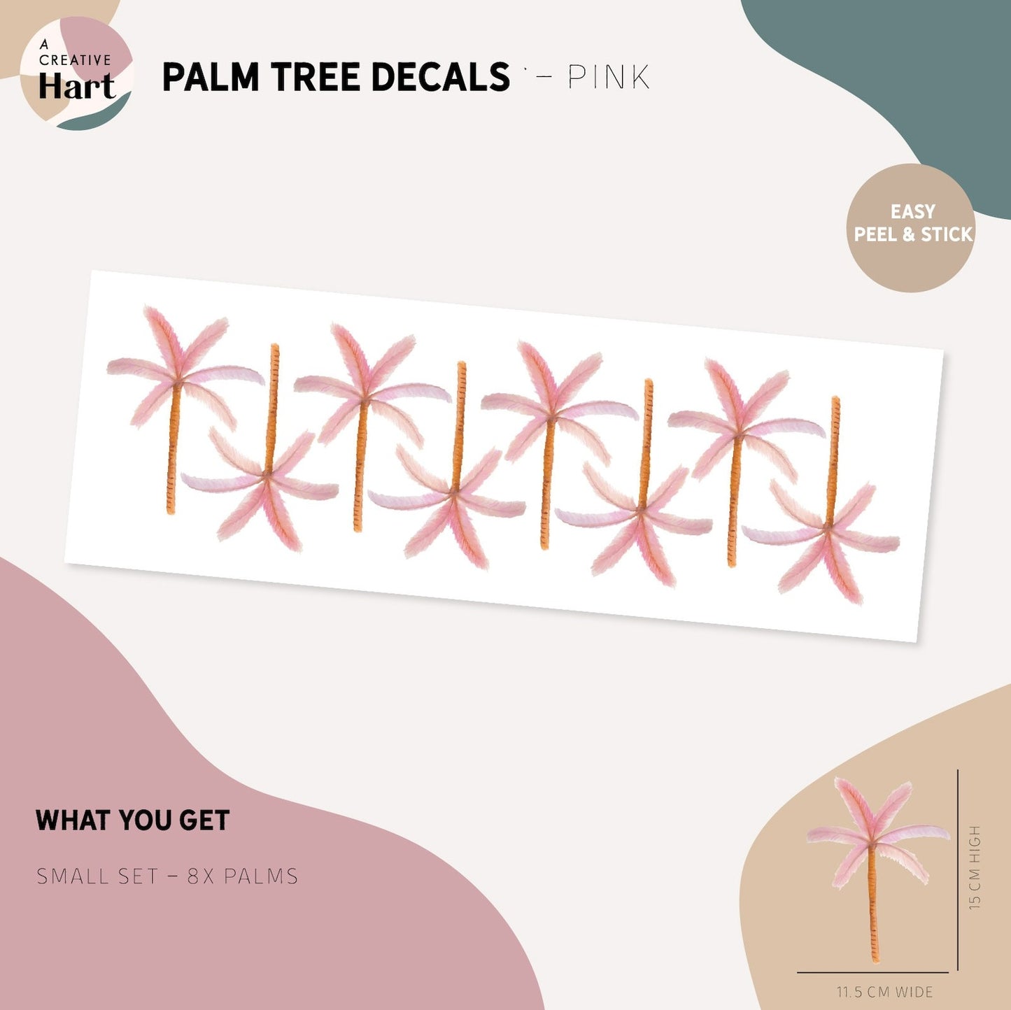 Pink Palm Tree Wall Decal Sheet. Easy Apply, Peel and Stick Fabric Wall Decals