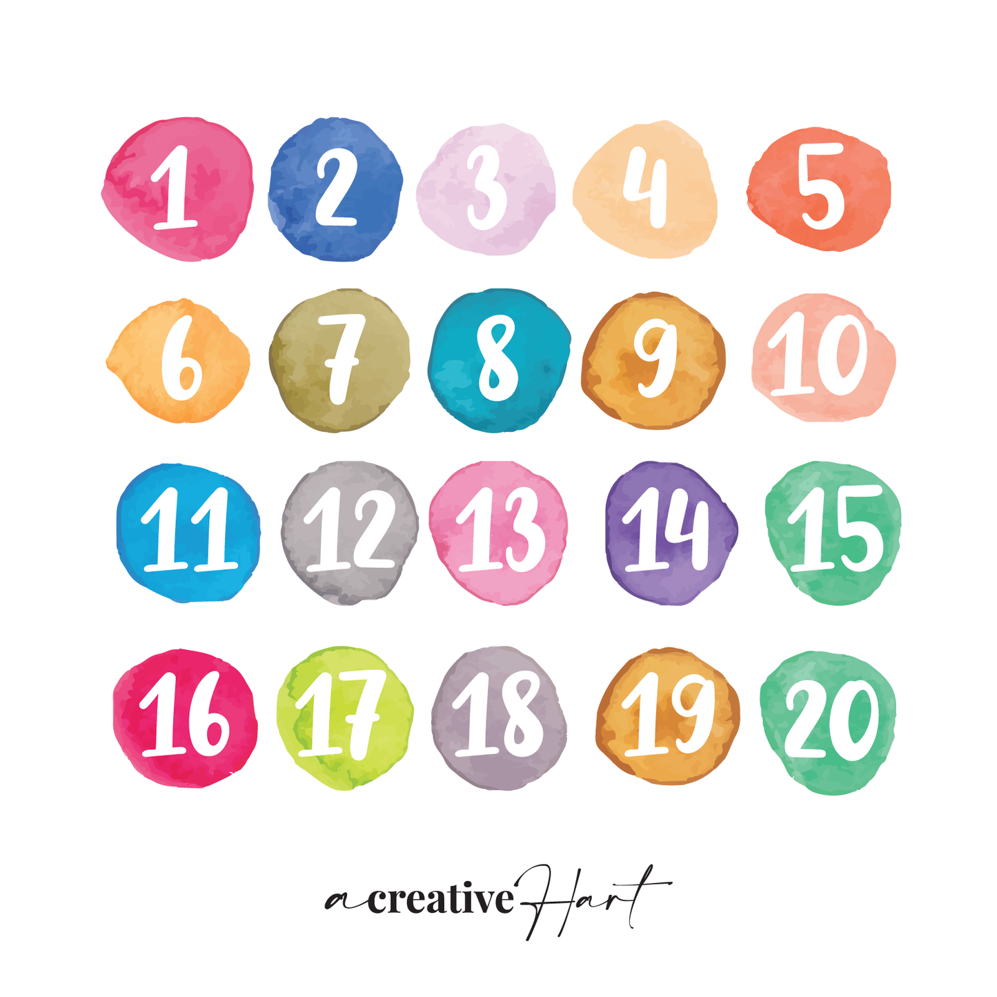 Watercolour Numbers 1 -20 Set - Fabric Wall Decals - A Creative Hart