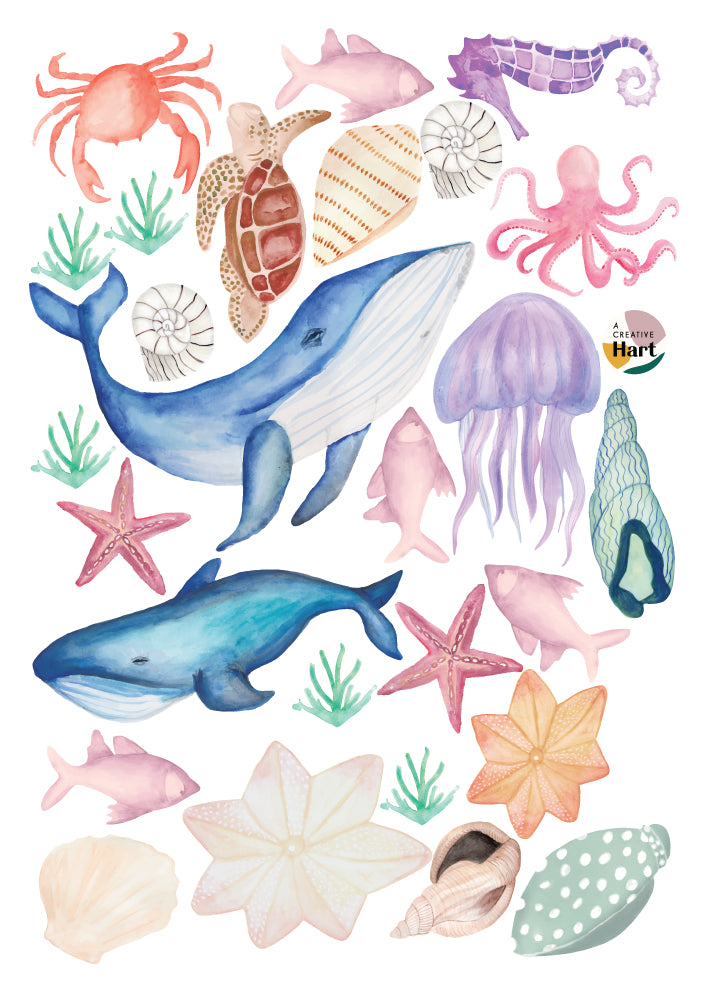 Sea Animals, Mermaid and Shells, Under the Sea, Fabric Wall Stickers - A Creative Hart